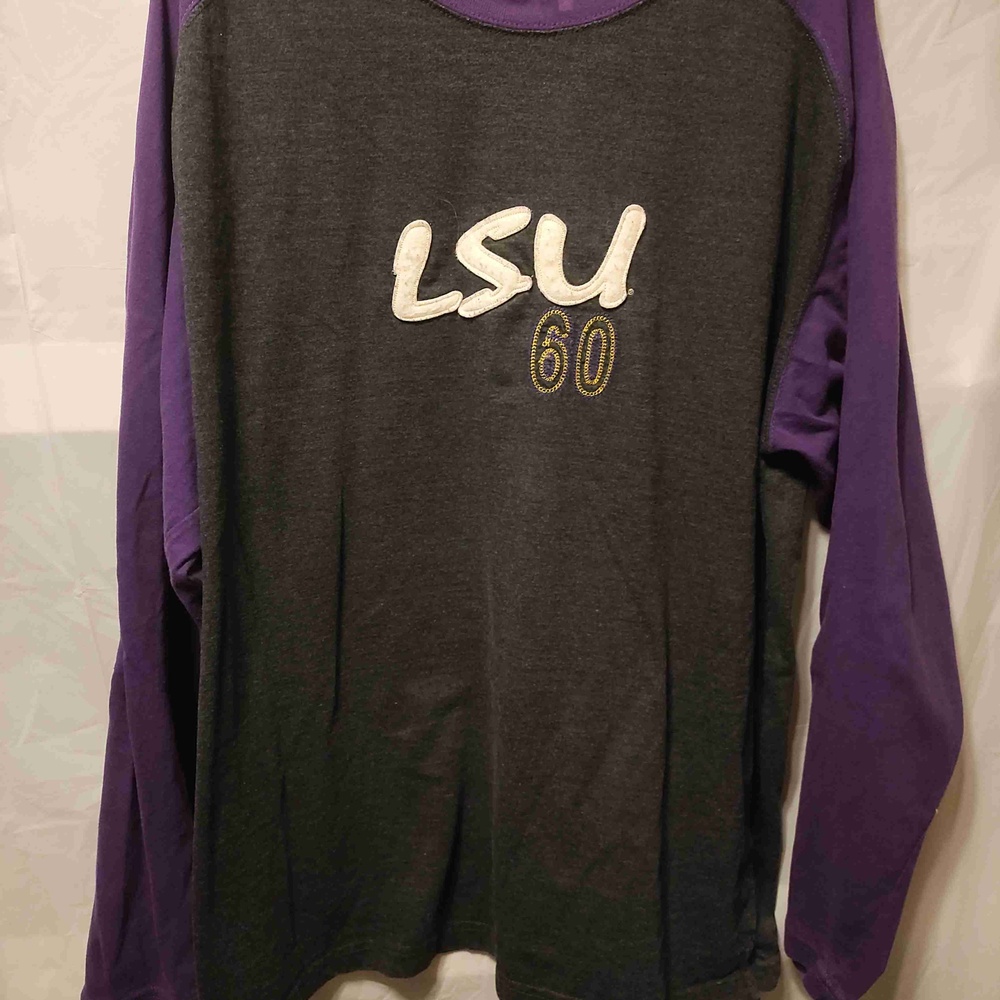 LSU XL Men's Gray & Purple Long Sleeve Graphic Material Logo Crew Neck Shirt